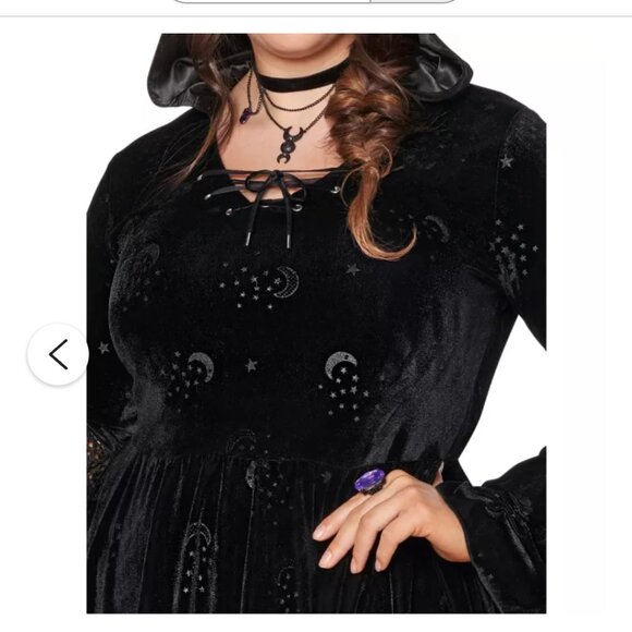 Plus Size 2X Coven Black Velvet Hooded Dress Spirit Stars Moon Celestial Witch - Picture 2 of 14